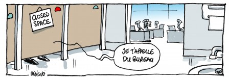 vignette humoristique : personne d’un un WC qui dit “je t’appelle du bureau”